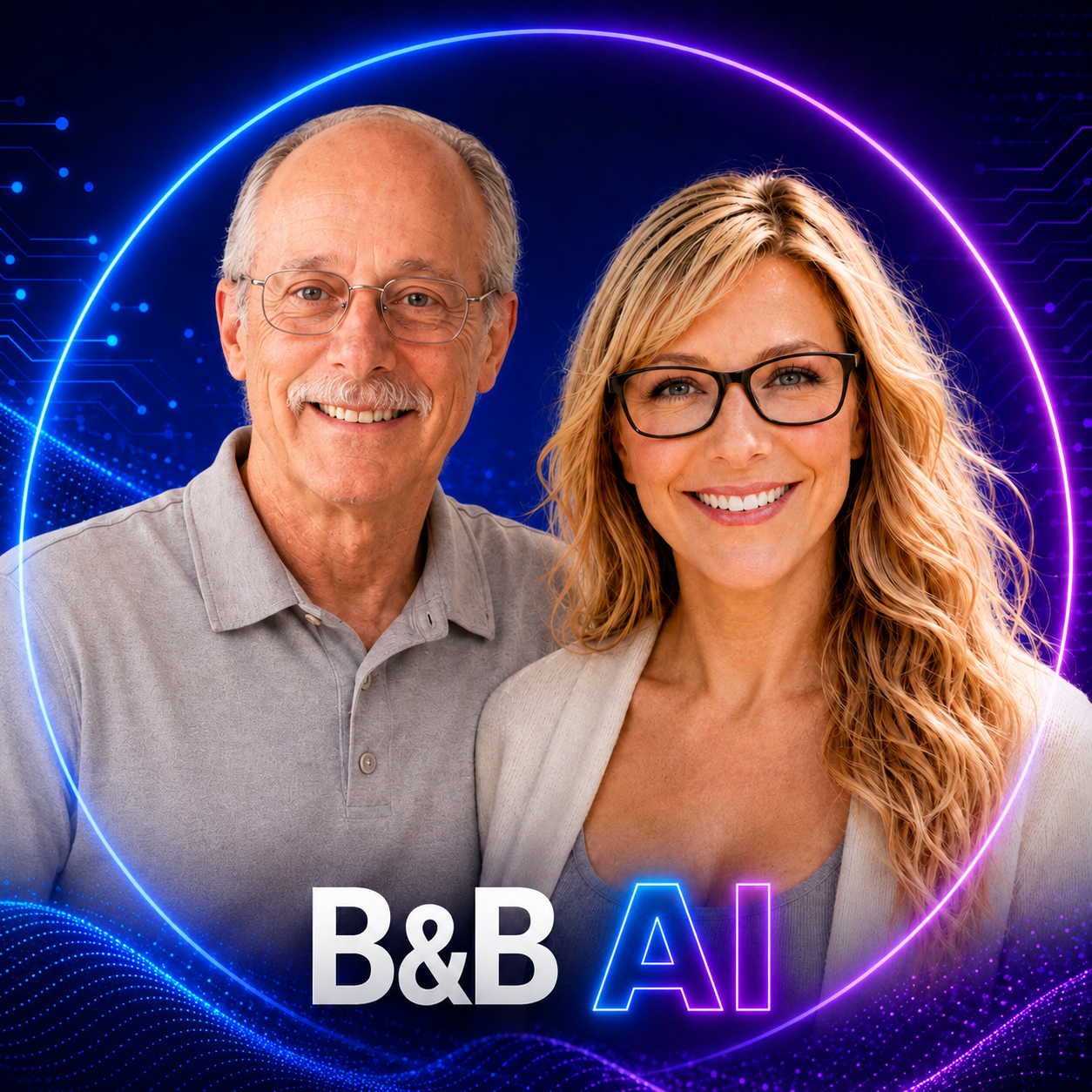 Brian and Breanna smiling together against a blue and purple AI-themed background